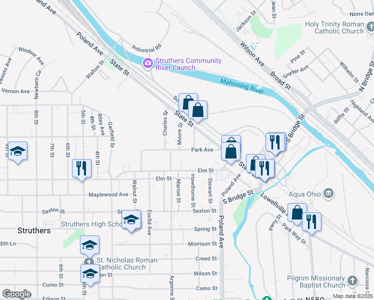map of restaurants, bars, coffee shops, grocery stores, and more near 95 Park Avenue in Struthers