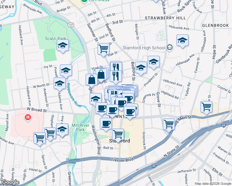 map of restaurants, bars, coffee shops, grocery stores, and more near 700 Summer Street in Stamford