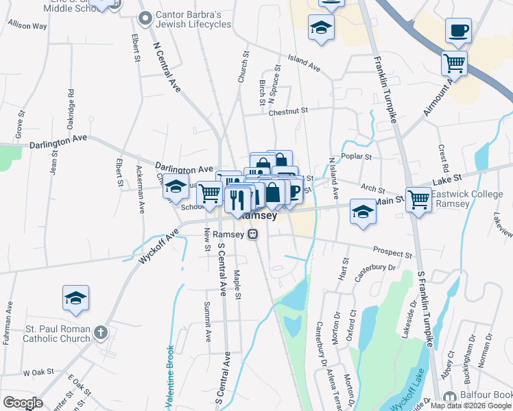 map of restaurants, bars, coffee shops, grocery stores, and more near 37 Church Street in Ramsey