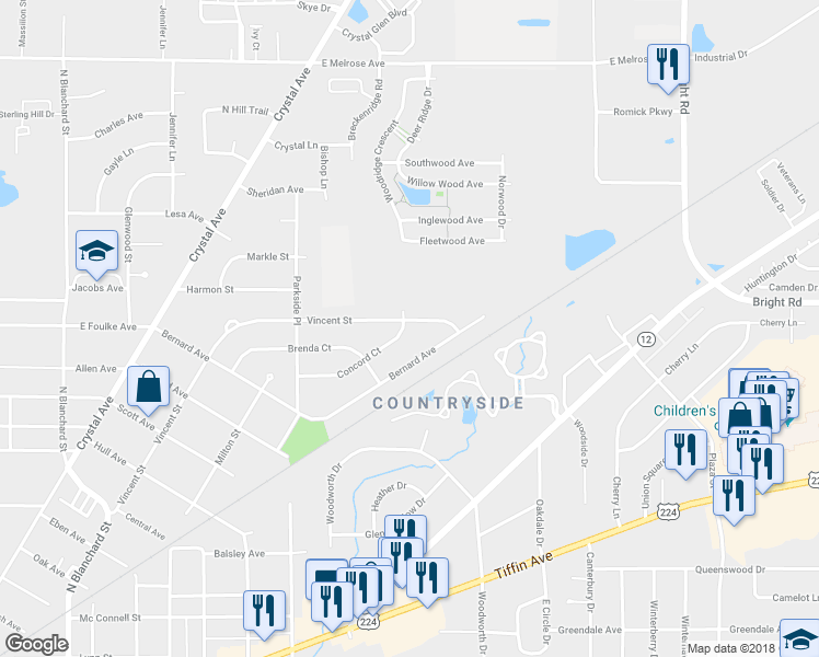 map of restaurants, bars, coffee shops, grocery stores, and more near 1301 Vincent St in Findlay