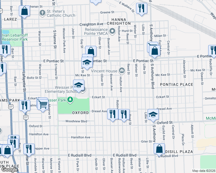 map of restaurants, bars, coffee shops, grocery stores, and more near 2940 Bowser Avenue in Fort Wayne