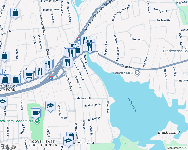 map of restaurants, bars, coffee shops, grocery stores, and more near 10 Birch Street in Stamford