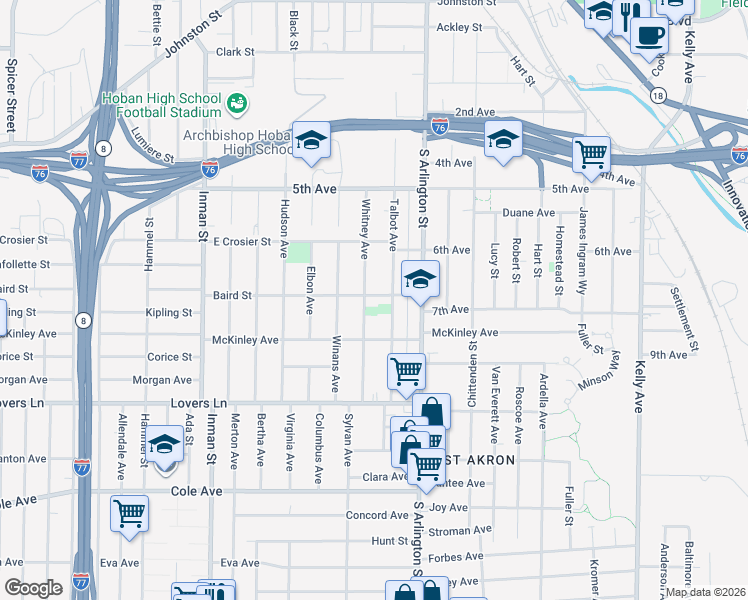 map of restaurants, bars, coffee shops, grocery stores, and more near 518 Whitney Avenue in Akron