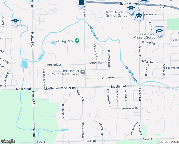 map of restaurants, bars, coffee shops, grocery stores, and more near 9410 Pawnee Way in New Haven
