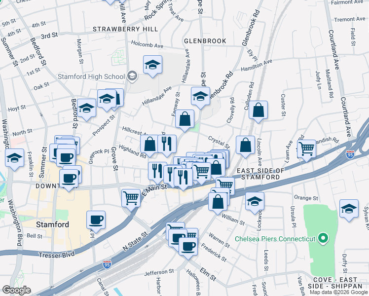 map of restaurants, bars, coffee shops, grocery stores, and more near 77 Glenbrook Road in Stamford
