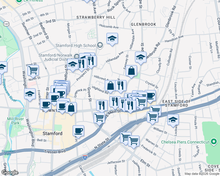 map of restaurants, bars, coffee shops, grocery stores, and more near 8 Terrace Place in Stamford