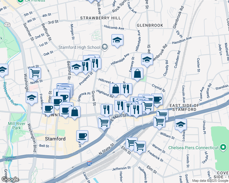 map of restaurants, bars, coffee shops, grocery stores, and more near 8 Terrace Place in Stamford