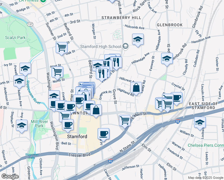 map of restaurants, bars, coffee shops, grocery stores, and more near in Stamford