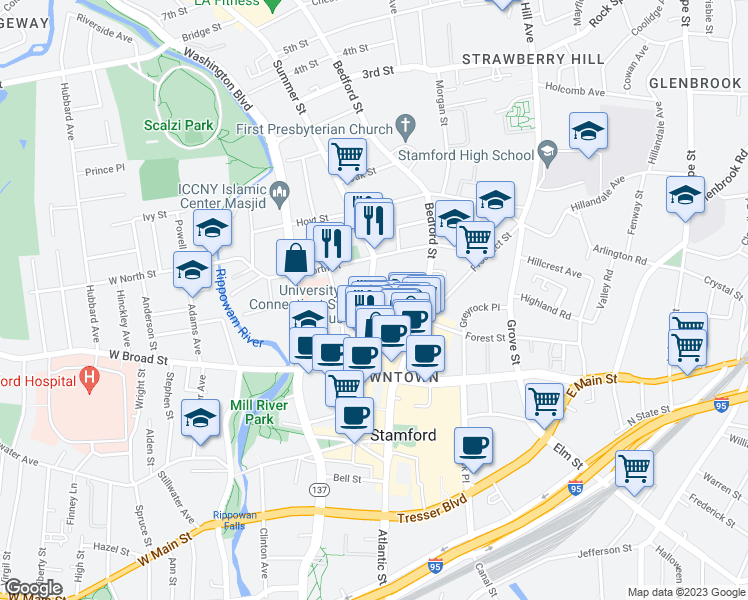 map of restaurants, bars, coffee shops, grocery stores, and more near 700 Summer Street in Stamford