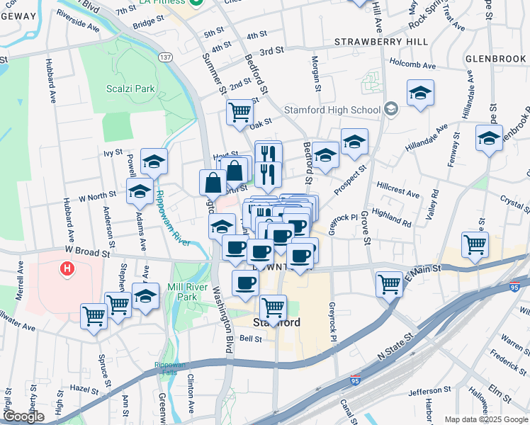 map of restaurants, bars, coffee shops, grocery stores, and more near 700 Summer Street in Stamford