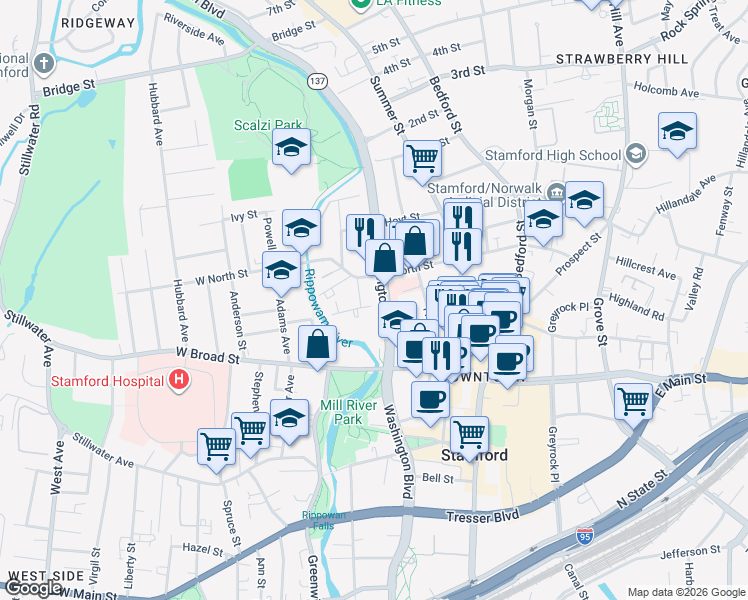map of restaurants, bars, coffee shops, grocery stores, and more near 1340 Washington Boulevard in Stamford