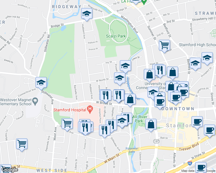 map of restaurants, bars, coffee shops, grocery stores, and more near 61 Anderson Street in Stamford