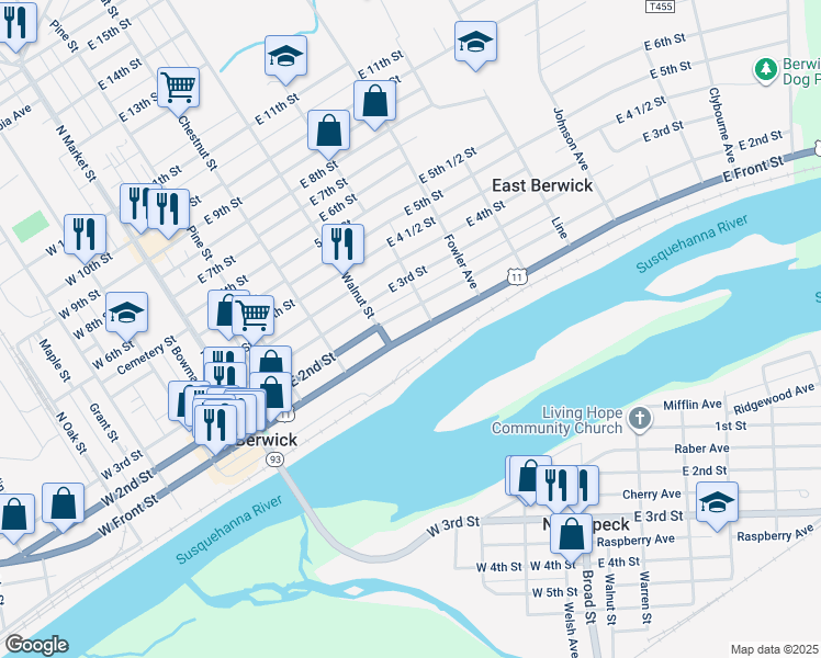 map of restaurants, bars, coffee shops, grocery stores, and more near 432 East Front Street in Berwick