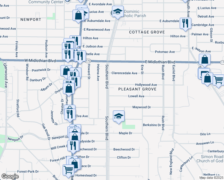 map of restaurants, bars, coffee shops, grocery stores, and more near 121 Hollywood Avenue in Youngstown