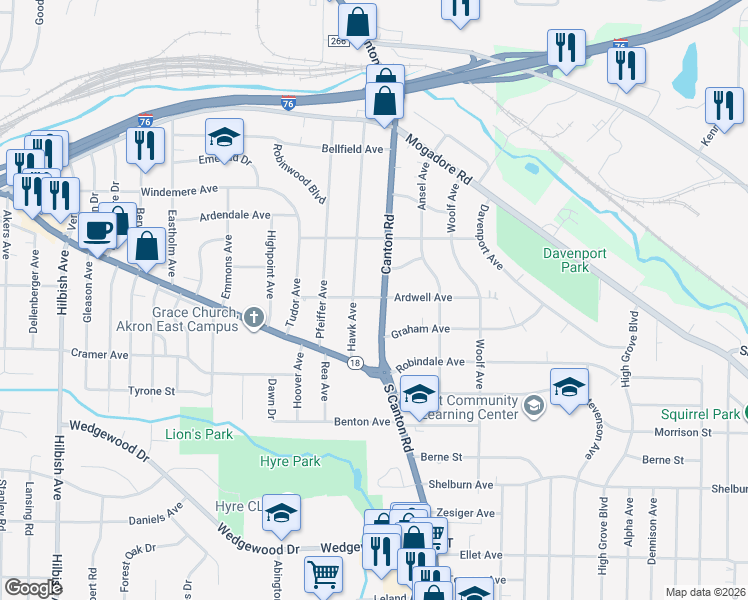 map of restaurants, bars, coffee shops, grocery stores, and more near 195 Canton Road in Akron