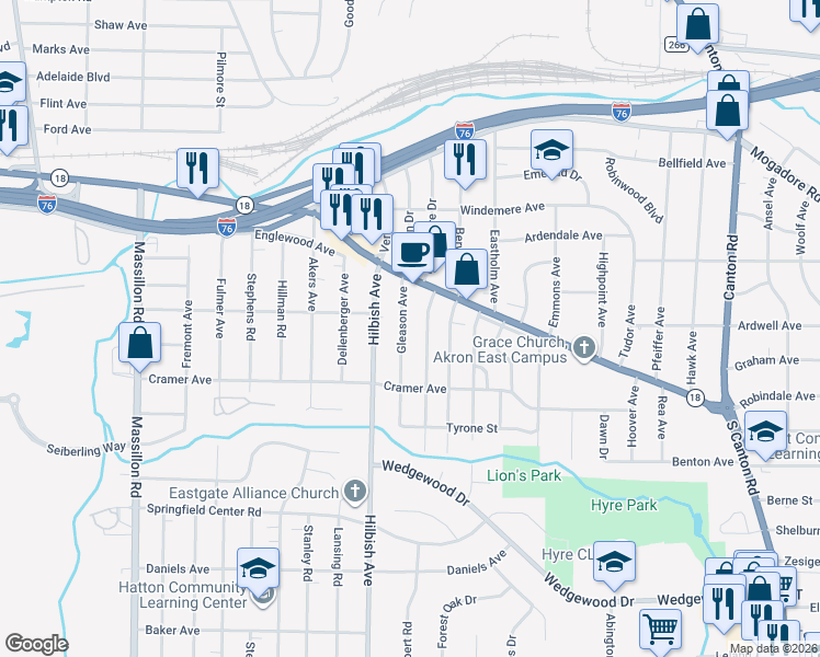 map of restaurants, bars, coffee shops, grocery stores, and more near 176 Prairie Drive in Akron