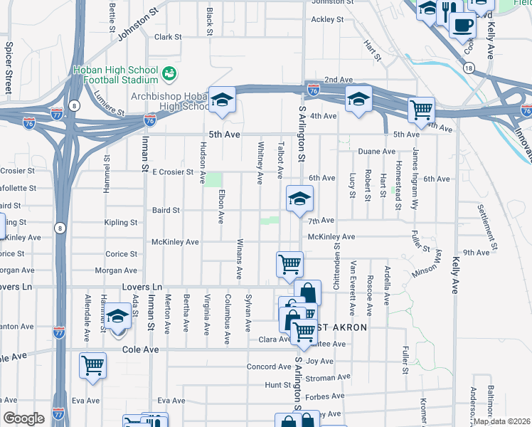 map of restaurants, bars, coffee shops, grocery stores, and more near 518 Whitney Avenue in Akron
