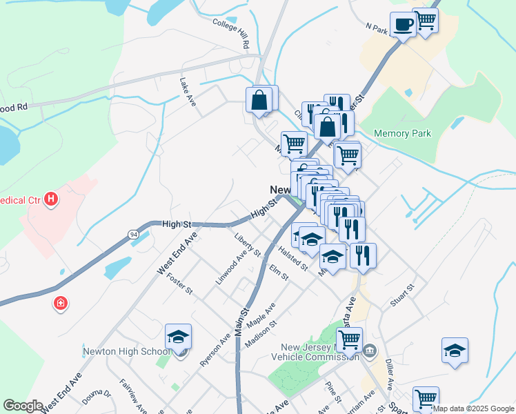 map of restaurants, bars, coffee shops, grocery stores, and more near 63 High Street in Newton
