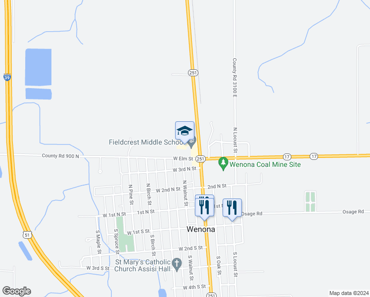 map of restaurants, bars, coffee shops, grocery stores, and more near 102 West Elm Street in Wenona