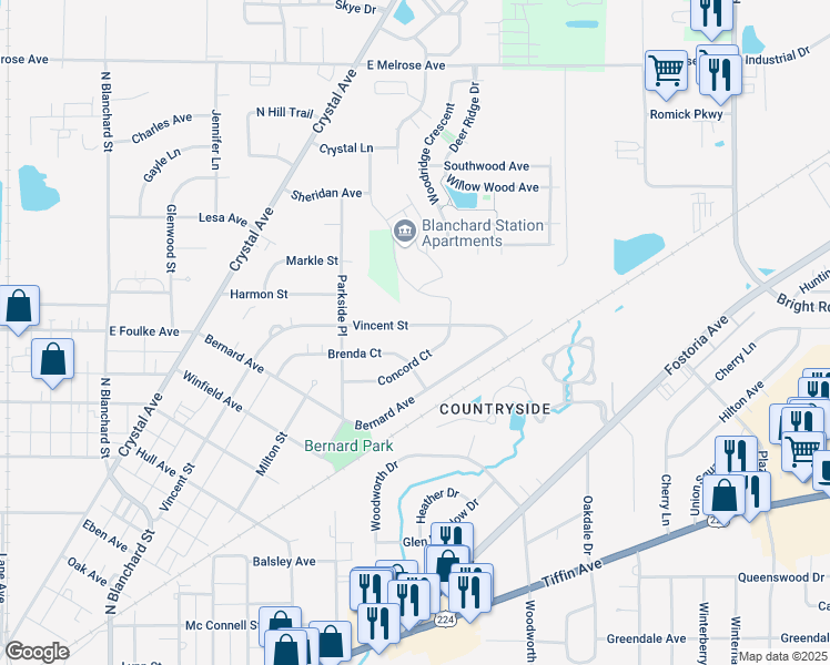 map of restaurants, bars, coffee shops, grocery stores, and more near 1213 Vincent Street in Findlay