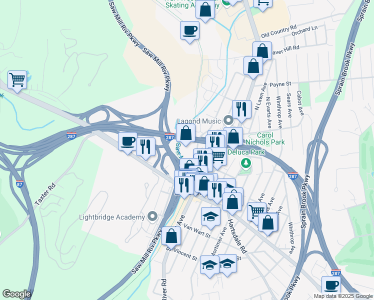 map of restaurants, bars, coffee shops, grocery stores, and more near Cross Westchester Expressway in Elmsford