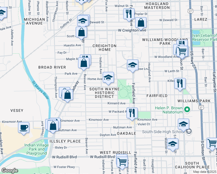 map of restaurants, bars, coffee shops, grocery stores, and more near 810 Cottage Avenue in Fort Wayne