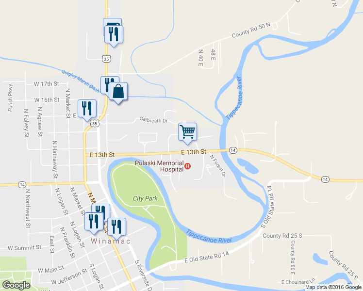 map of restaurants, bars, coffee shops, grocery stores, and more near 525 E 13th St in Winamac