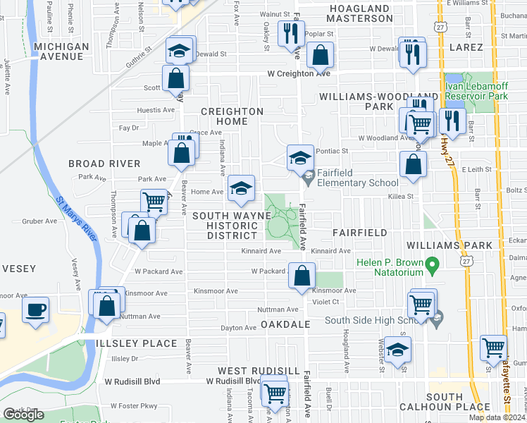 map of restaurants, bars, coffee shops, grocery stores, and more near S Wayne Ave & Cottage Ave in Fort Wayne