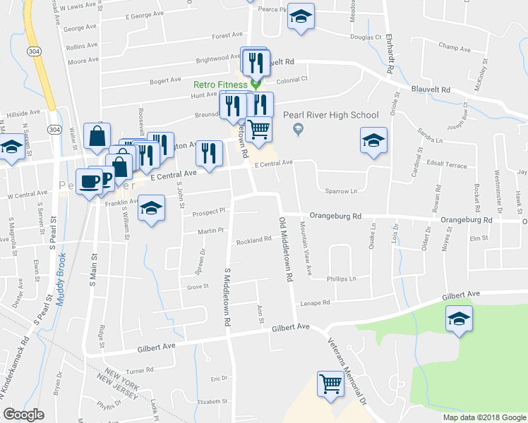map of restaurants, bars, coffee shops, grocery stores, and more near 40 Hilltop Drive in Pearl River