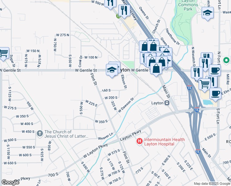 map of restaurants, bars, coffee shops, grocery stores, and more near 319 Park Street in Layton