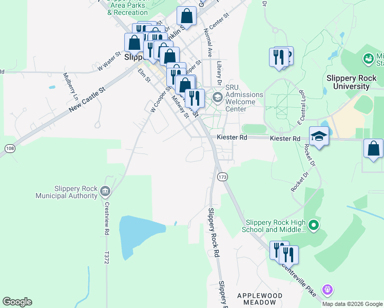 map of restaurants, bars, coffee shops, grocery stores, and more near 104 Fairview Drive in Slippery Rock