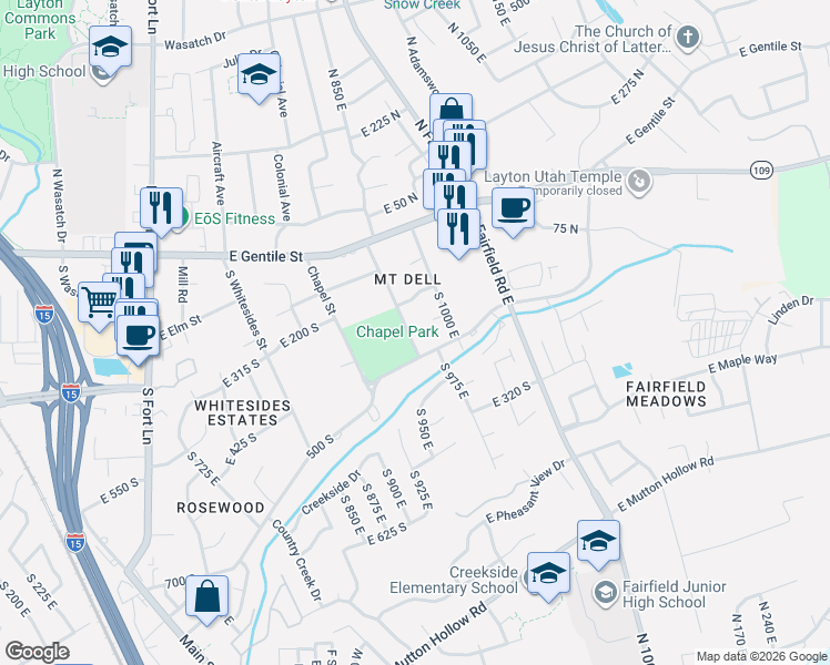 map of restaurants, bars, coffee shops, grocery stores, and more near 193 South Talbot Drive in Layton