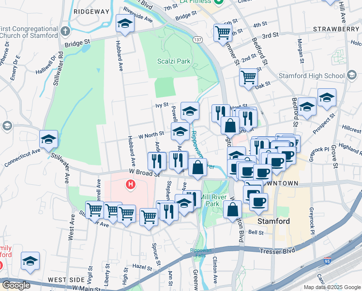 map of restaurants, bars, coffee shops, grocery stores, and more near 61 Adams Avenue in Stamford