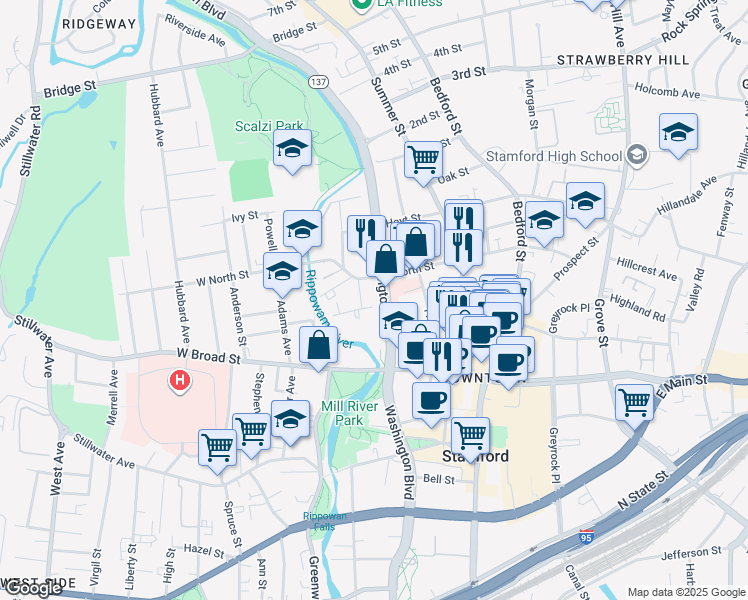 map of restaurants, bars, coffee shops, grocery stores, and more near 1340 Washington Boulevard in Stamford