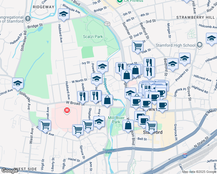 map of restaurants, bars, coffee shops, grocery stores, and more near 8 Washington Court in Stamford