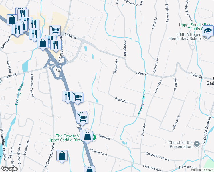 map of restaurants, bars, coffee shops, grocery stores, and more near 7 Shadow Road in Upper Saddle River