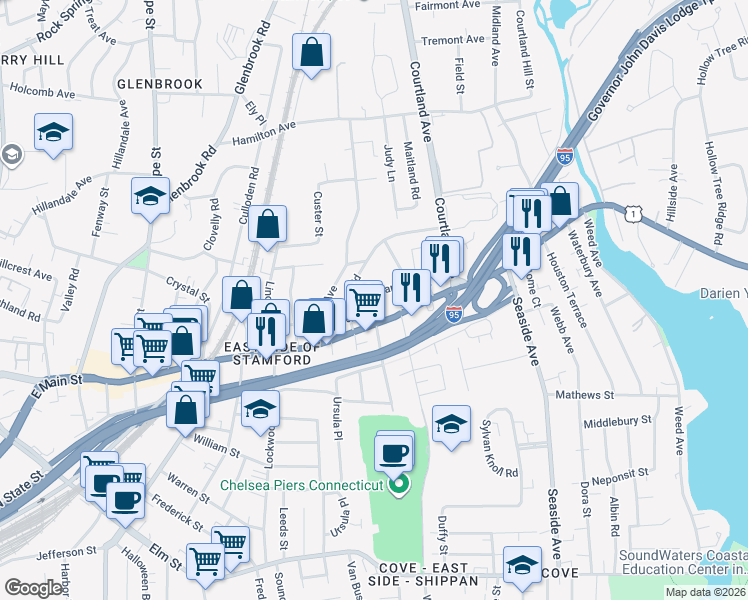 map of restaurants, bars, coffee shops, grocery stores, and more near 29 Standish Road in Stamford