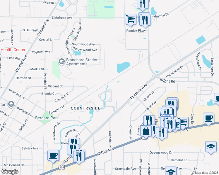 map of restaurants, bars, coffee shops, grocery stores, and more near 1464 Plum Creek Drive in Findlay