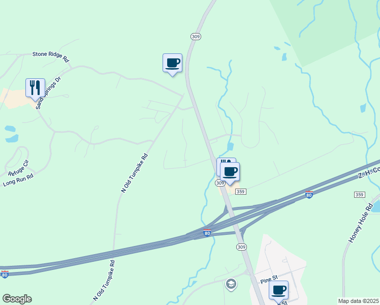 map of restaurants, bars, coffee shops, grocery stores, and more near 11 Deer Run Road in Drums