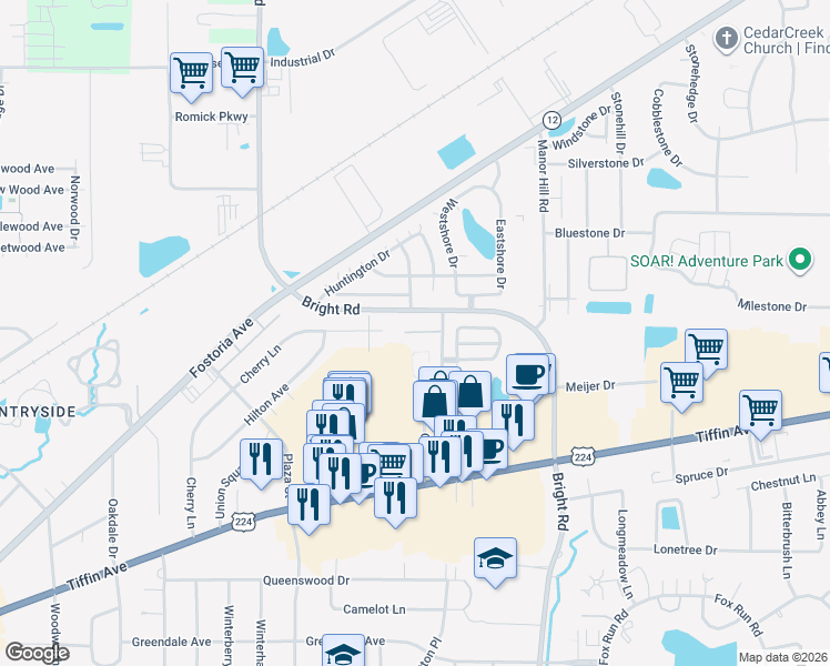 map of restaurants, bars, coffee shops, grocery stores, and more near 1909 Kirkwood Court in Findlay