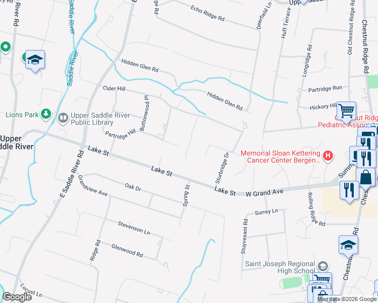 map of restaurants, bars, coffee shops, grocery stores, and more near 13 Peach Tree Place in Upper Saddle River