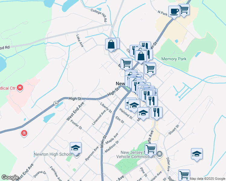 map of restaurants, bars, coffee shops, grocery stores, and more near 63 High Street in Newton