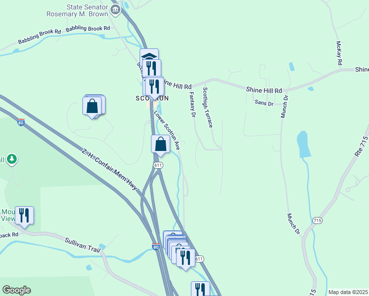 map of restaurants, bars, coffee shops, grocery stores, and more near 186 Lower Scotrun Avenue in Monroe County