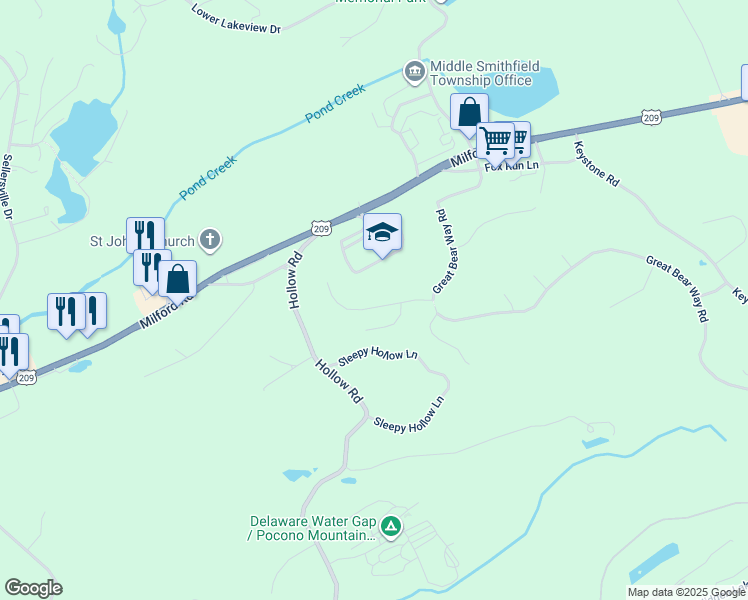 map of restaurants, bars, coffee shops, grocery stores, and more near 128 Milestone Drive in East Stroudsburg