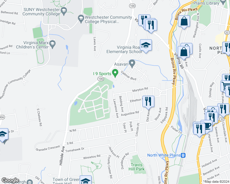 map of restaurants, bars, coffee shops, grocery stores, and more near 138 Maryton Road in White Plains