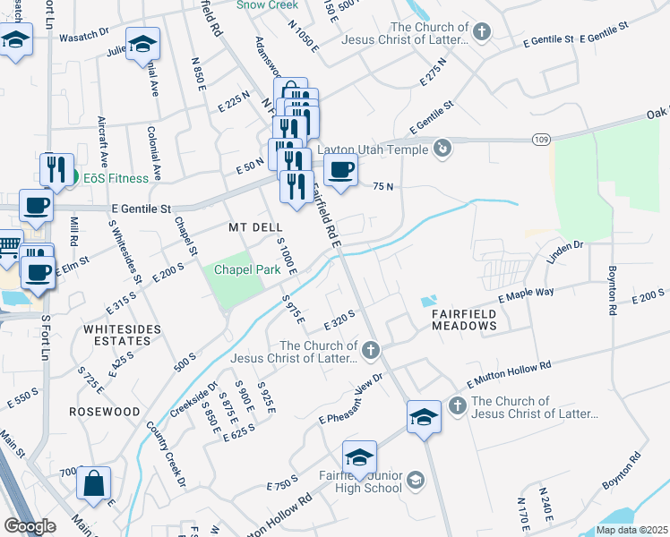 map of restaurants, bars, coffee shops, grocery stores, and more near 1168 Holmes Creek Lane in Layton