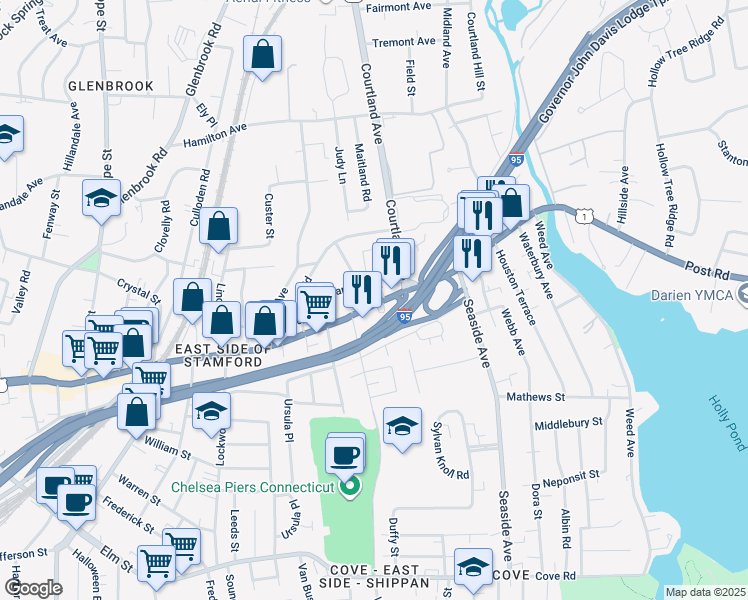 map of restaurants, bars, coffee shops, grocery stores, and more near 1106 East Main Street in Stamford