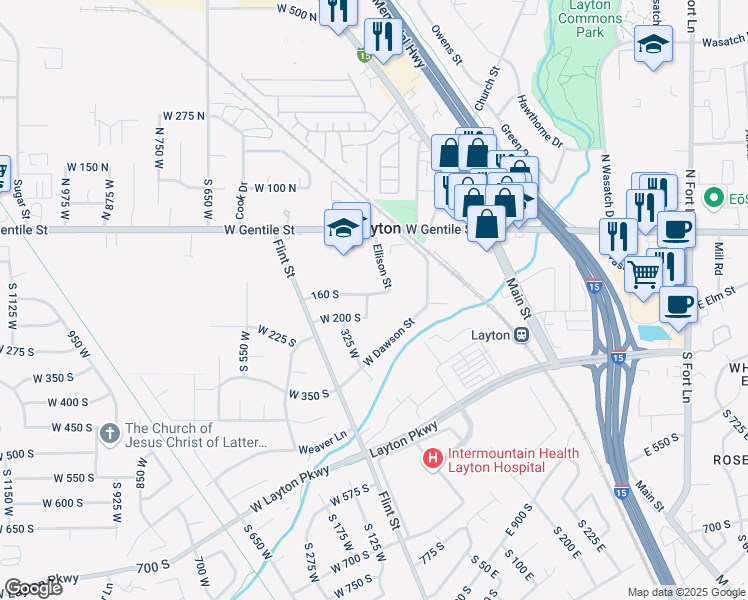 map of restaurants, bars, coffee shops, grocery stores, and more near 147 Ellison Street in Layton