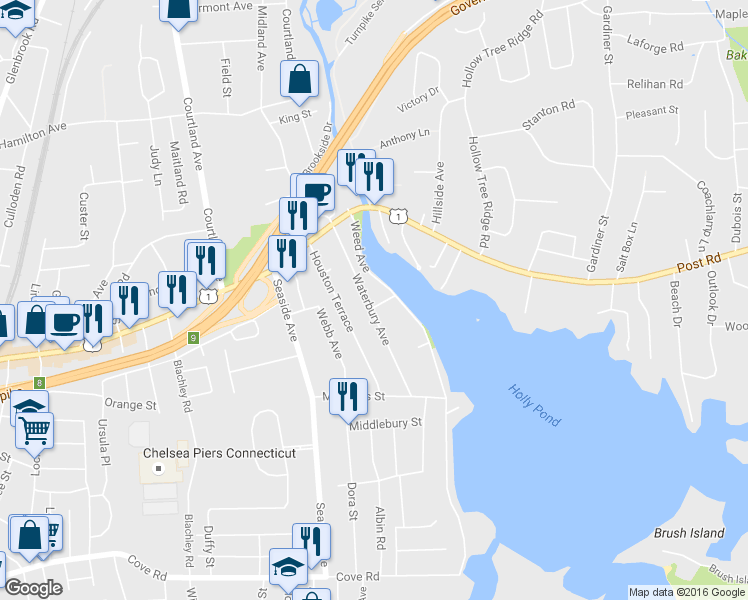 map of restaurants, bars, coffee shops, grocery stores, and more near 71 Waterbury Avenue in Stamford