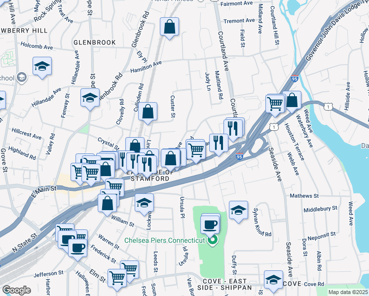 map of restaurants, bars, coffee shops, grocery stores, and more near 73 Seaton Road in Stamford